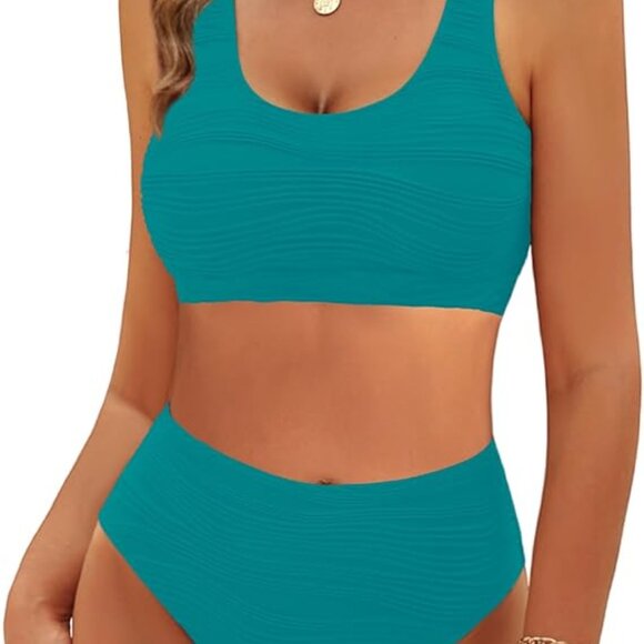VIMPUNEC High Waisted Bikini Set with Tummy Control Size Medium Peacock Blue - Picture 1 of 6